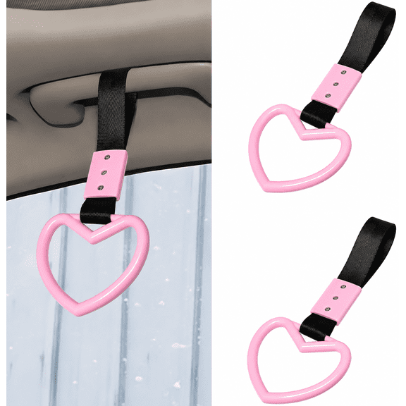 Heart Shaped Car Grab Handle Strap 2 Pack, Black Pink Nylon Woven Hanging Decor, Sturdy Interior Ornament for Headrest Door, Cute Car Accessory for Women.