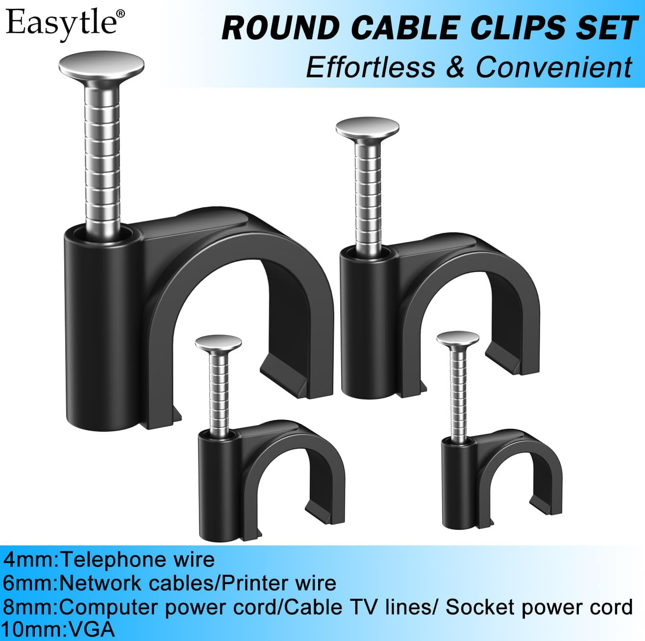 4/6/8/10mm Black Nail in Cable Clips Wire Tacks Clamps for Cable Management RG6 RG59 CAT6 RJ45 Ethernet Coax, 160 Pcs
