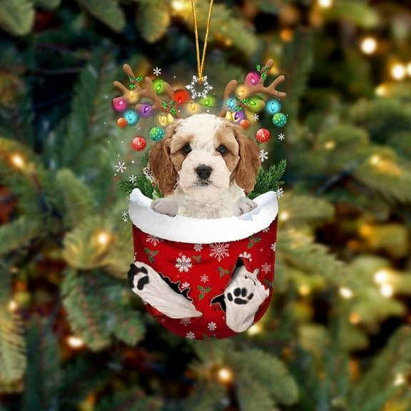 Acrylic 2D FLAT - Cavapoo 1 In Snow Pocket Christmas Ornament Flat Acrylic Dog Ornament - Holiday Tree Decoration