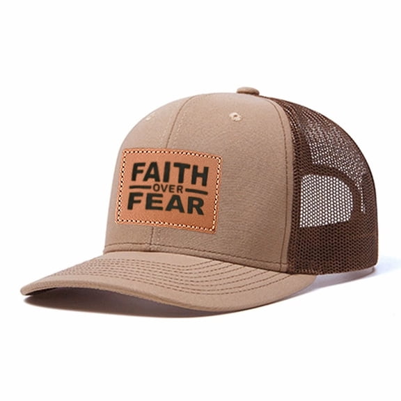 FAITH OVER FEAR Leather Patch Embroidered Color Block Trucker Hat Unisex Adjustable Cotton Breathable Fashion Cap for Travel Daily Wear