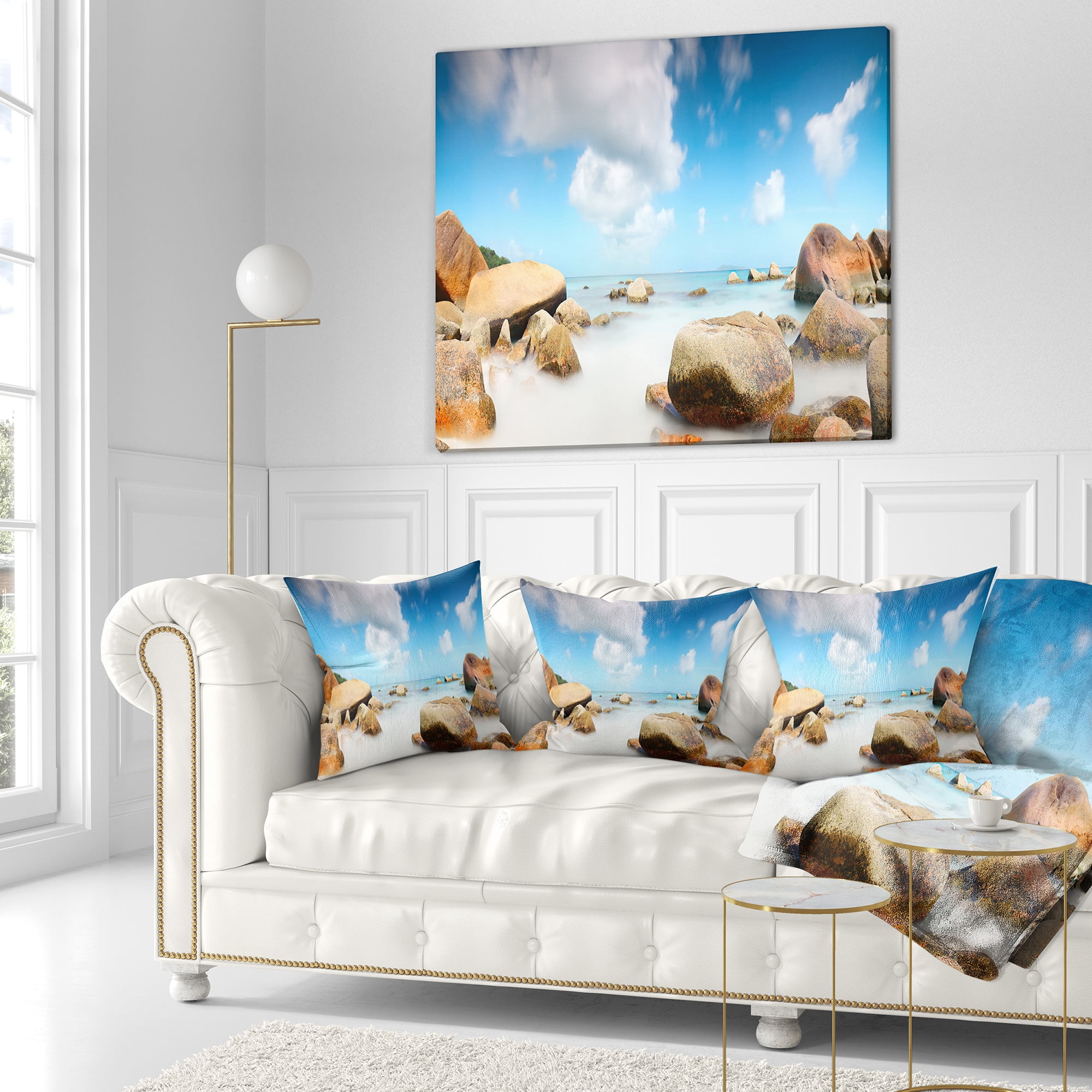 Designart Rocky Blue Seashore Panorama - Landscape Printed Throw Pillow - 16x16