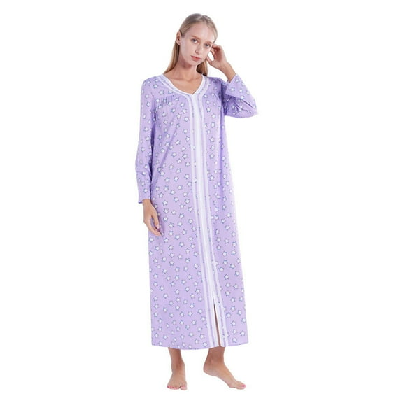 FLMEI Women's Nightgowns V-Neck Sleepwear for Fall Winter Woven Print Pajama Dress Long-Sleeved Nightdress for Womens S-XXL