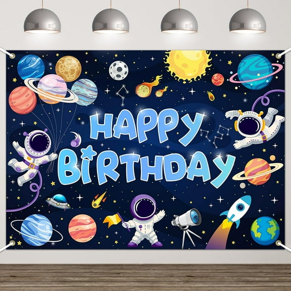 Space Theme Happy Birthday Backdrop for Boys Astronaut Rocket Outer Space Birthday Party Decorations Galaxy Planet Party Photo Booth Banner for Children's Birthday