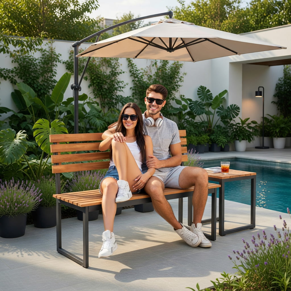 Hommoo Acacia Wood Outdoor Patio Loveseat Bench with Backrest & Heavy-Duty Steel Frame, Dual-Tone, 43" Wide, Black