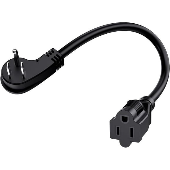1Ft Flat Plug Short Extension Cord, 90 Degree Plug Adapter, Low Profile 3 Prong Small Grounded Cords 14 AWG 15A 1875W 1 Pack Black