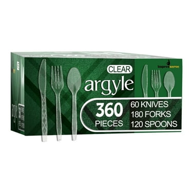 Impresserve Disposable Plastic Cutlery Set, Argyle Clear - 360 Pcs: 180 Forks, 120 Spoons, 60 Knives