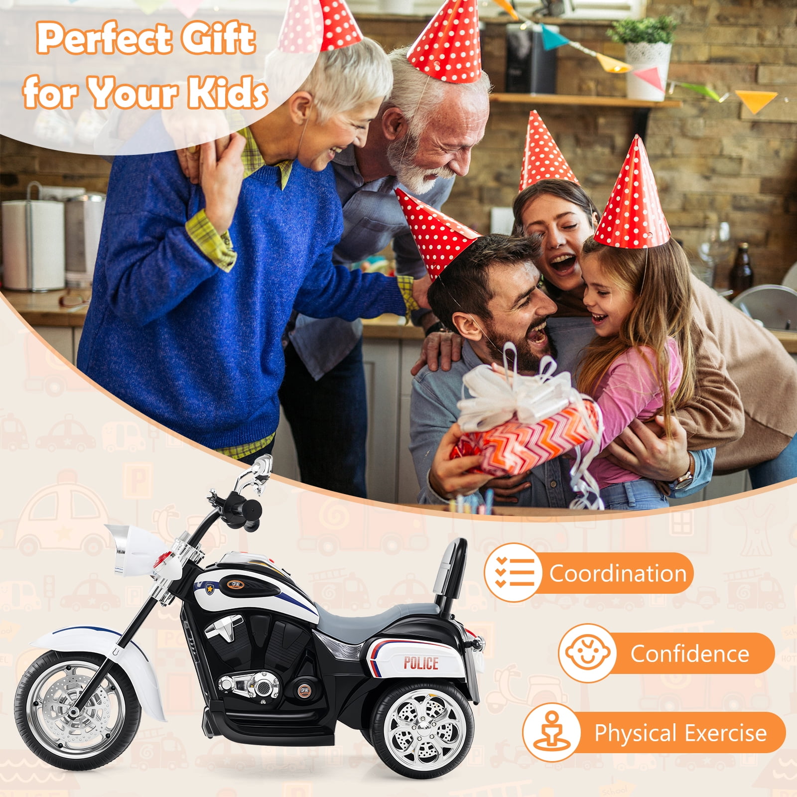 Costway 3 Wheel Kids Ride On Motorcycle 6V Battery Powered Electric Toy Police