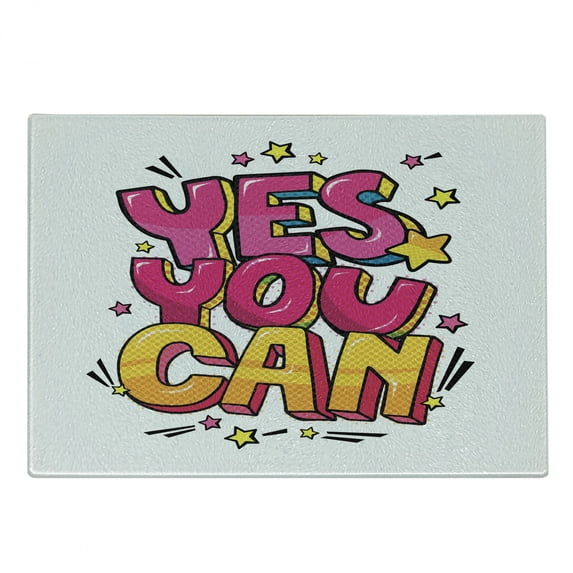Saying Cutting Board, Yes You Can Message Graffiti Word Bubble Style with Stars, Decorative Tempered Glass Cutting and Serving Board, Small Size, Hot Pink Yellow and Blue, by Ambesonne