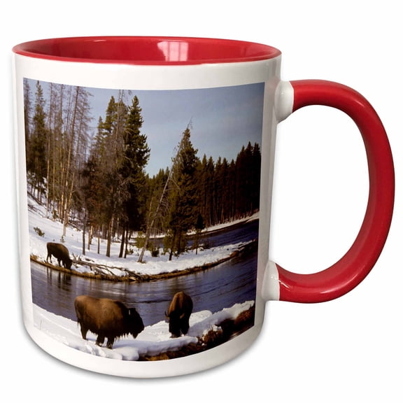 3drose, Bison Along River in Winter, Yellowstone National Park, Wyoming, 11oz Two-tone Red Mug