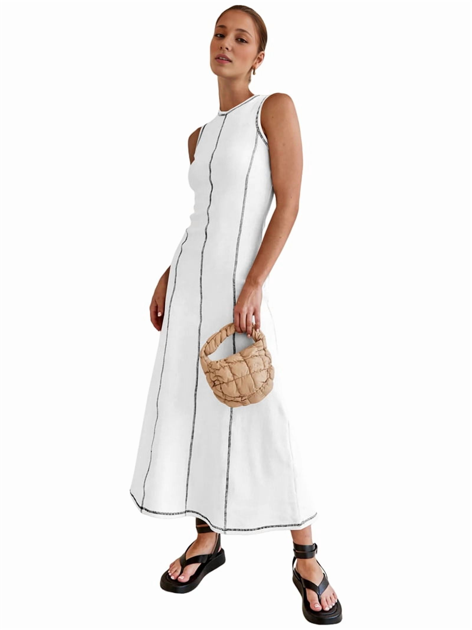 Womens Sleeveless T Shirt Dress Summer Contrast Ribbed Knit Tank Maxi Dresses White M