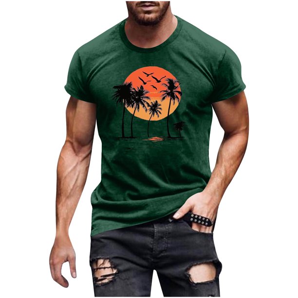Hombres Pantalones Cortos de Manga Corta Impresa Casual Cuello Redondo Superior, Camisa de Moda para el Verano Y la Primavera