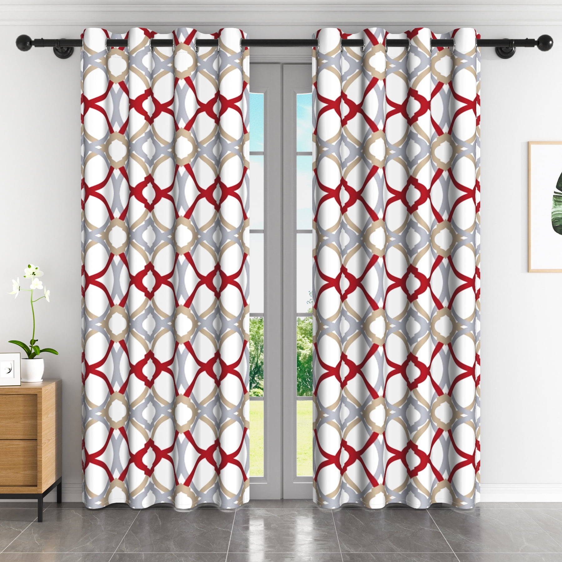 Lfeey Blackout Curtains Geometric Modern Grommet Curtains, Room Darkening Privacy Drapes, Red and Gray, 52x63 Inches, 2 Panels