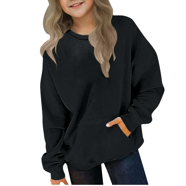 Lmnyox Chandails en Molleton à Col Rond pour Enfants avec Poche Manches Longues Décontracté Athlétique Chandail-Over Garçons Filles Hauts