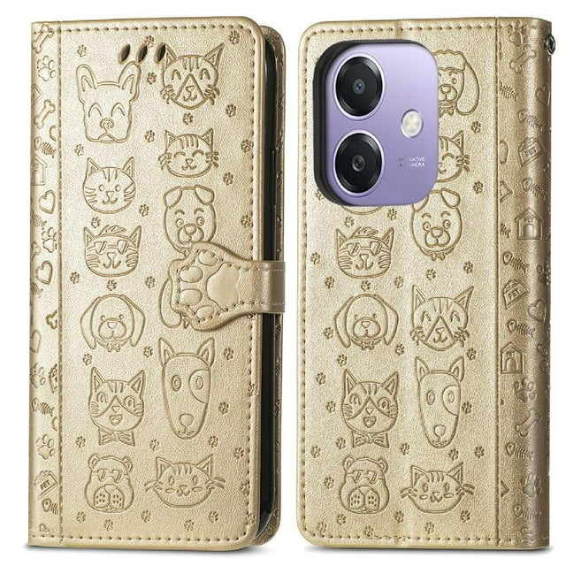 Funda Cartera FOXDOCK para OPPO A40 4G , Flip PU con Relieve de Gatos y Perros, Tarjetero y Soporte