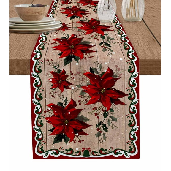 Table Runners 120 Inches Long Dress Scarves, Christmas Poinsettia Farmhouse Coffee/Dining/Kitchen Table Runner for Living Room, Winter Xmas Red Floral Botanical Wooden 13x120 Inch