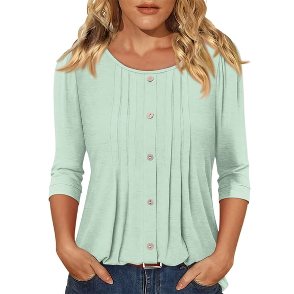 OIOLOYJM Womens Blouses Casual Solid Color Pleated 3/4 Sleeve Button-Down Shirts Summer Fashion Crew Neck Clothing Elegant Loungewear Mint Green 2XL