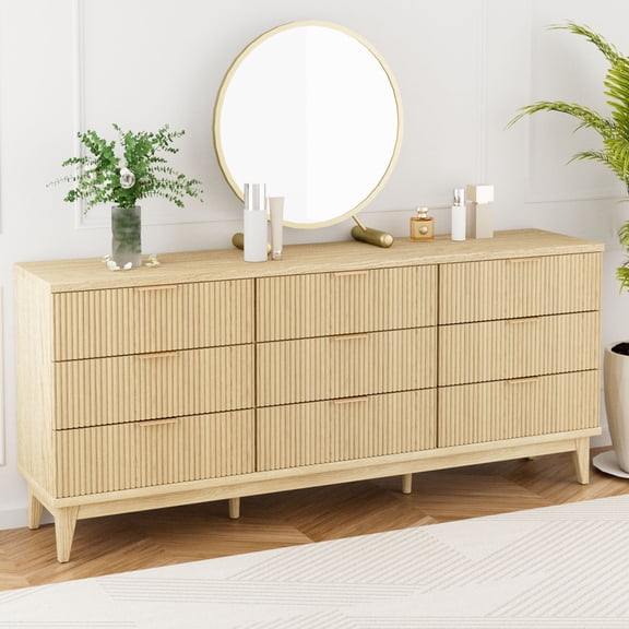 SHGJ&SOFT Fluted Dresser for Bedroom with 9 Drawers, 56.7" Wide Chest of Drawers, Gold Handle, Dresser TV Stand, Modern Wooden Dresser, Storage Organizer for Bedroom, Living Room, Entryway