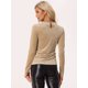 thumbnail image 4 of Blusa con cuello levantado para mujer de manga larga acanalado de punto de terciopelo sólido Caqui XS, 4 of 6