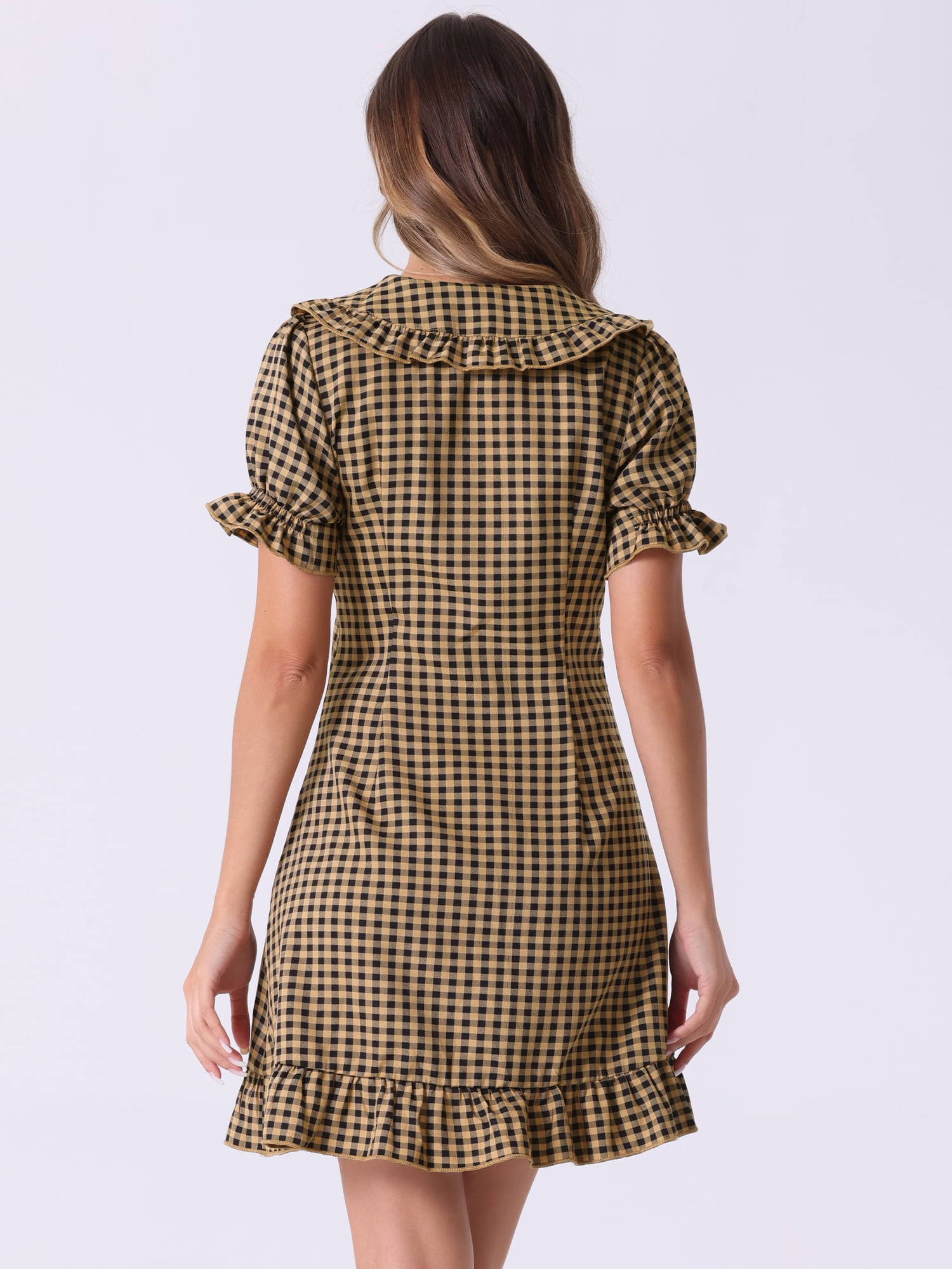 DARING DIVA Gingham Print Ruffled Doll Collar Puff Sleeve Mini Dress XS Dark Brown