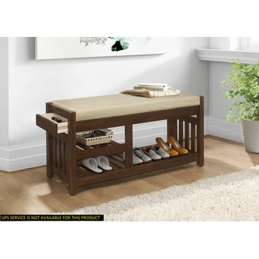 DeeHome Transitional 1pc Storage Bench with 2 Open Shelves Hidden Drawer Upholstered Cushioned Seat Multifunctional Wooden Furniture