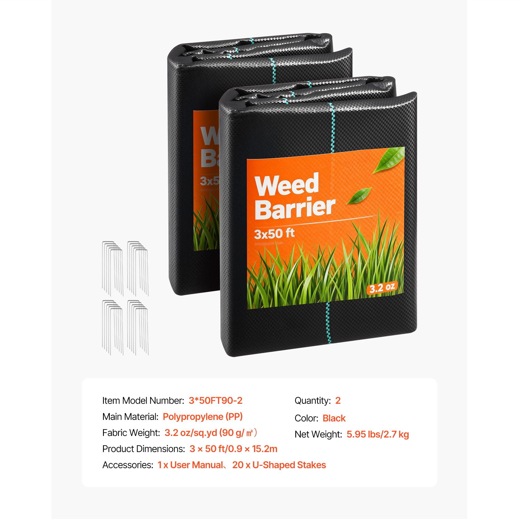 Weed Barrier Fabric 2-Pack 3x50FT, 3.2oz PP Woven, Heavy-Duty, UV-Resistant, Weed Control for Garden Landscaping Driveway