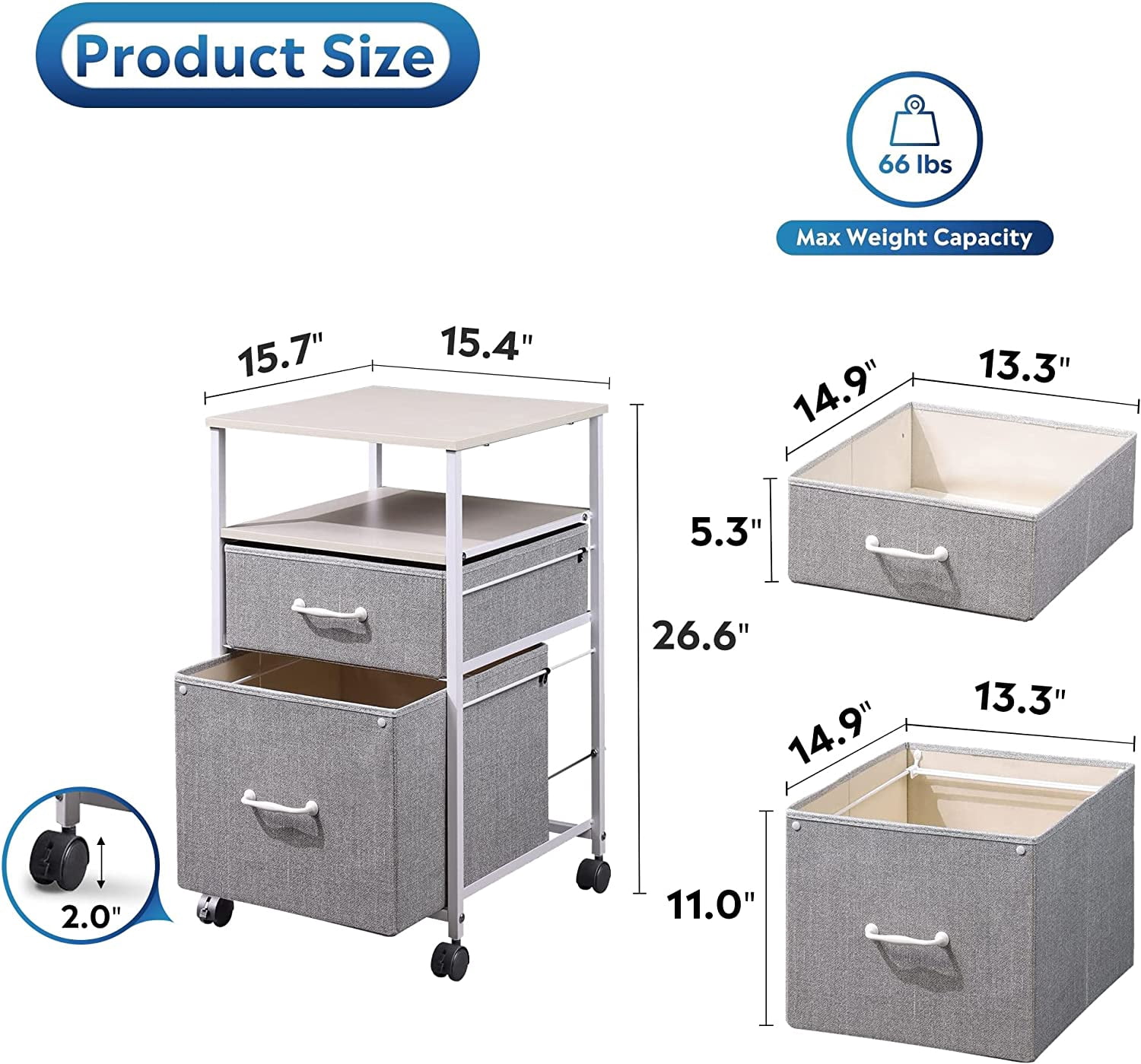 2 Drawer Mobile File Cabinet, Rolling Printer Stand with Open Storage Shelf, Fabric Vertical Filing Cabinet fits A4 or Letter Size for Home Office