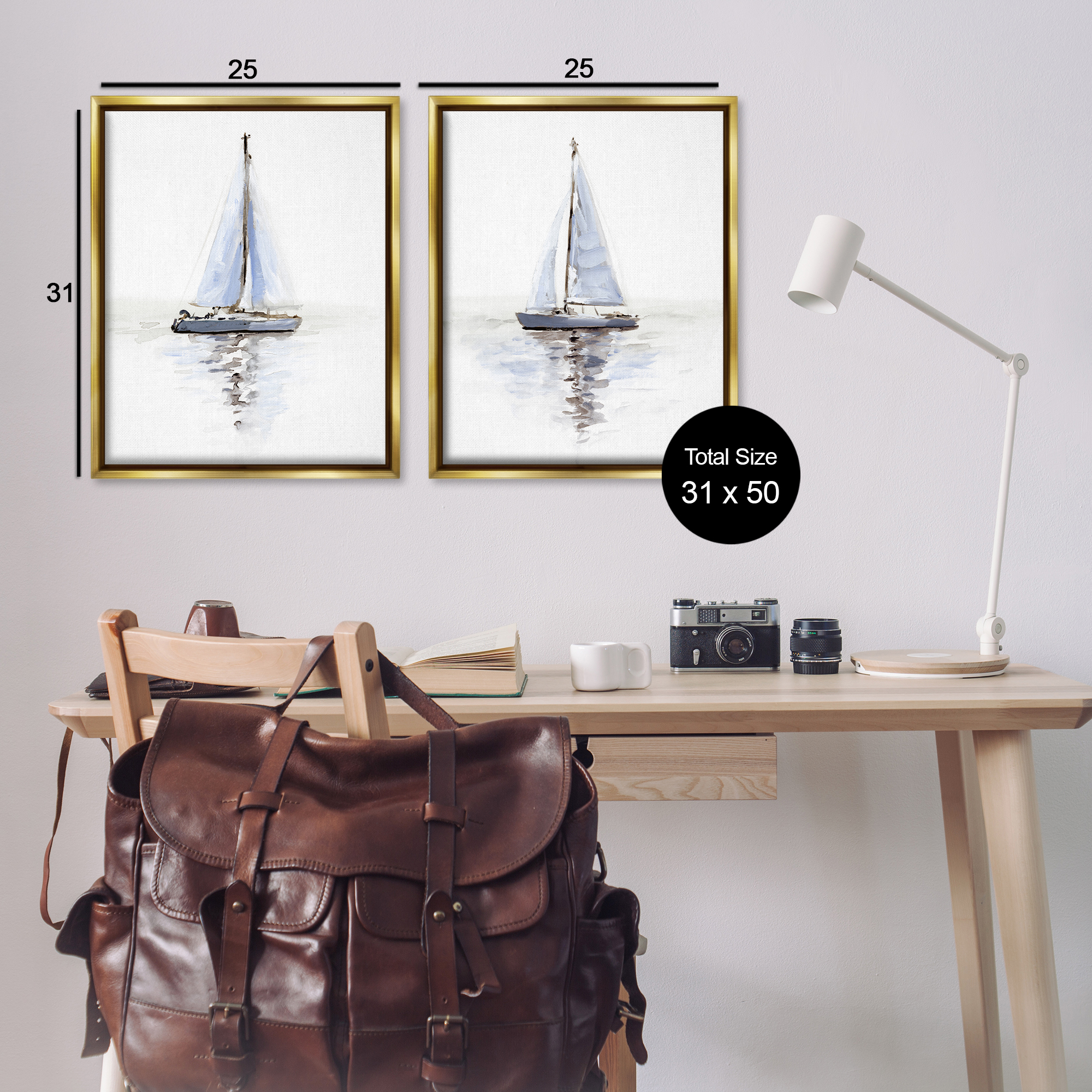 Stupell Industries Watercolor Sailboat Calm Water Transportation Painting Gold Floater Framed Canvas Art Print Wall Art, 31 x 25, Set of 2