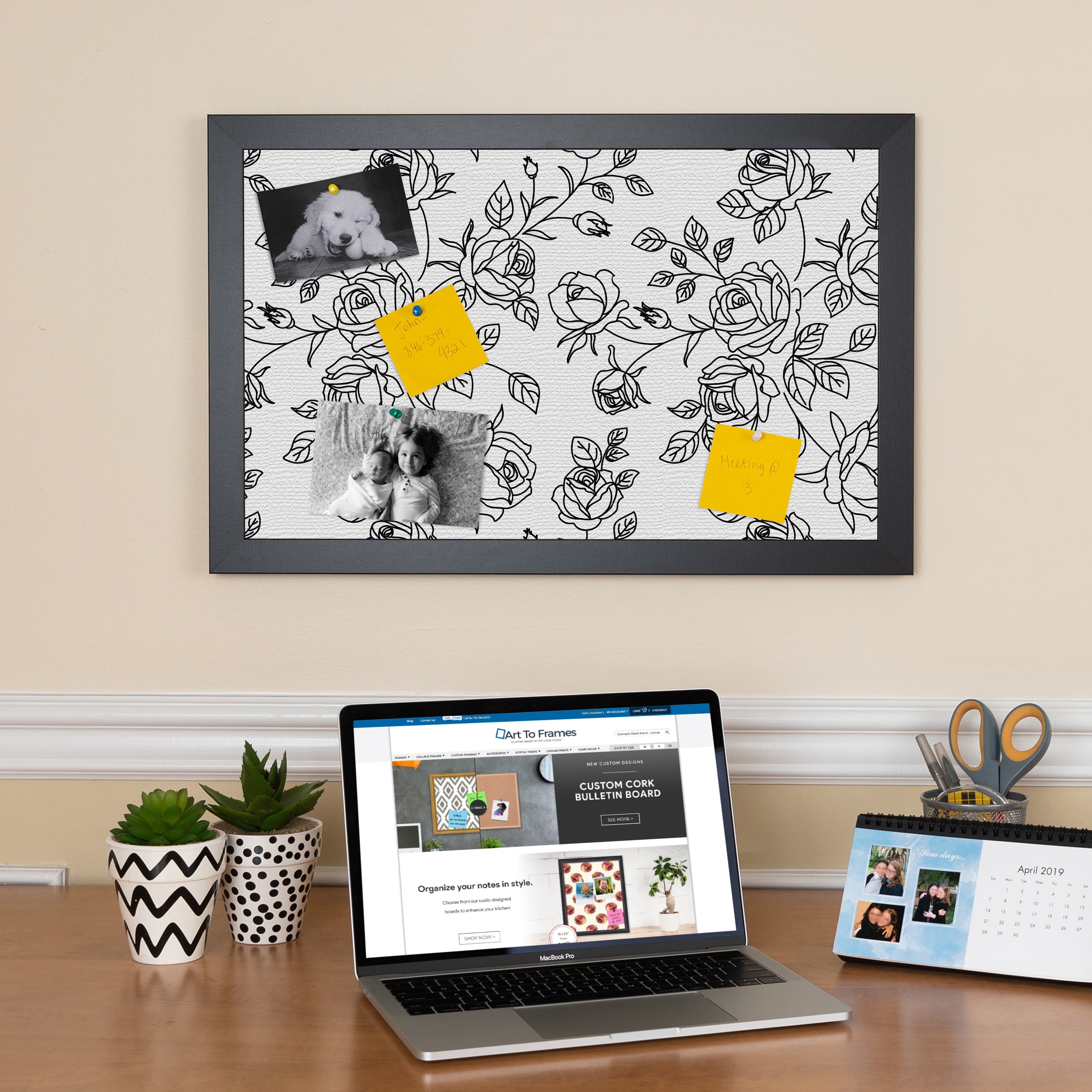 PinPix 27x20 Custom Cork Bulletin Board Black Floral Rose Poster Board Has a Fabric Style Canvas Finish, Framed in Black Floral Rose, by ArtToFrames (PinPix-164)