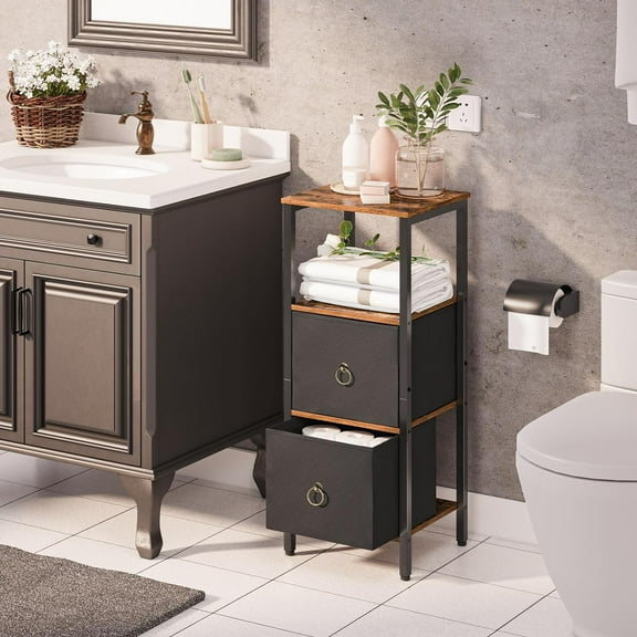 Corner Cabinet, 4-Tier Storage with 2 Drawers, Rustic Brown and Black, for Bathroom & Living Room