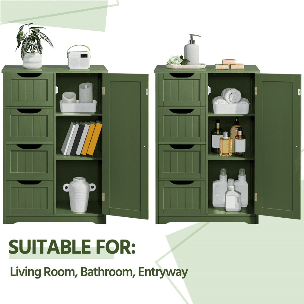 Renwick Modern Wooden Bathroom Storage Cabinet with 4 Drawers and Cupboard, Green