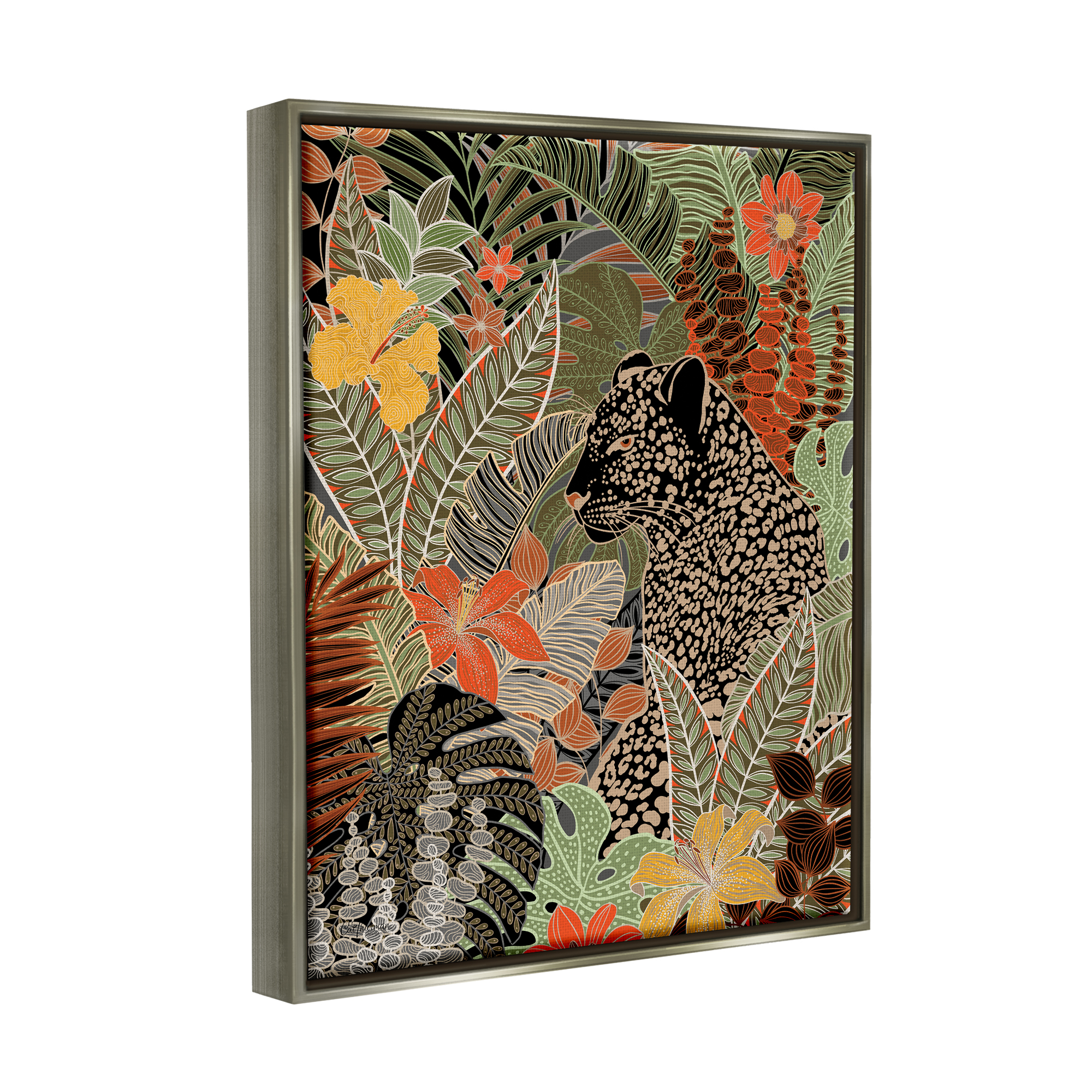 Stupell Industries Leopard in Jungle Pattern Animals & Insects Painting Gray Floater Framed Art Print Wall Art, 25 x 31