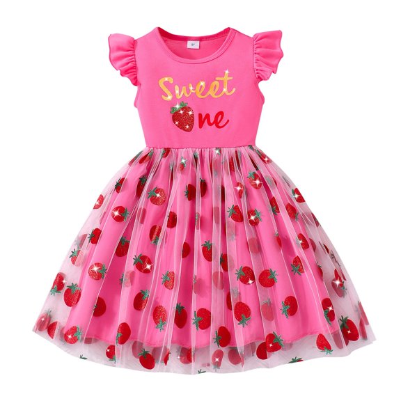 Toddler Girls Dresses Casual Sleeveless Mesh Cartoon Strawberry Cherry Print Elastic Waist Playwear Kids Girls Summer Dress