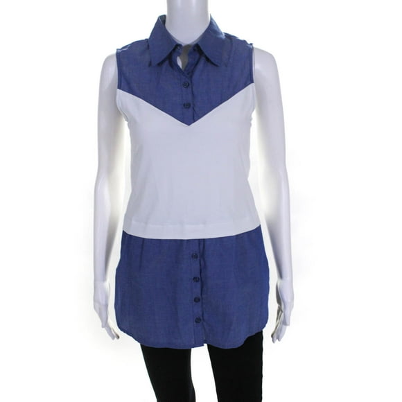 Finley  Womens Button Down Chambray Layering Top White Blue Size Extra Small