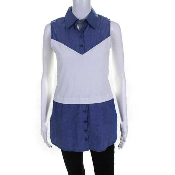 Finley Womens Button Down Chambray Layering Top White Blue Size Extra Small