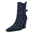 thumbnail image 2 of FSJ Women Fashion Studded Bead Closed Toe Pull On Booties Chunky High Heels Buckle Strap Ankle Boots Stretch Party Dress Shoes Size 7 Blue, 2 of 4
