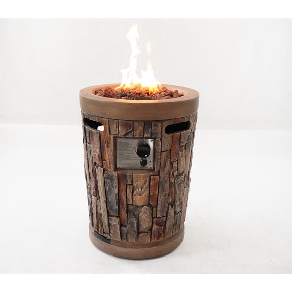 26" Outdoor Propane Fire Pit Column w Faux Brown Compact Ledge Stone 20-inch Round Base 32,000 BTU, with Fire Glass, Lava Rocks and Rain Cover