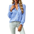 thumbnail image 2 of Feancey Womens Ruffle Button Down Shirts Plaid Casual Long Sleeve Stand Collar Blouse Dressy Trendy Gingham Work Shirt Birthday Gift Light Blue S, 2 of 10