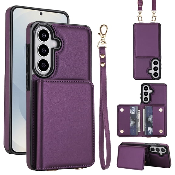 Allytechgroup PU Leather Crossbody Case for Samsung Galaxy S26, Built-in Card Slots & Shoulder Strap RFID Blocking Slim Lightweight Stand Shell Shockproof Bumper for Women Girls, Darkpurple
