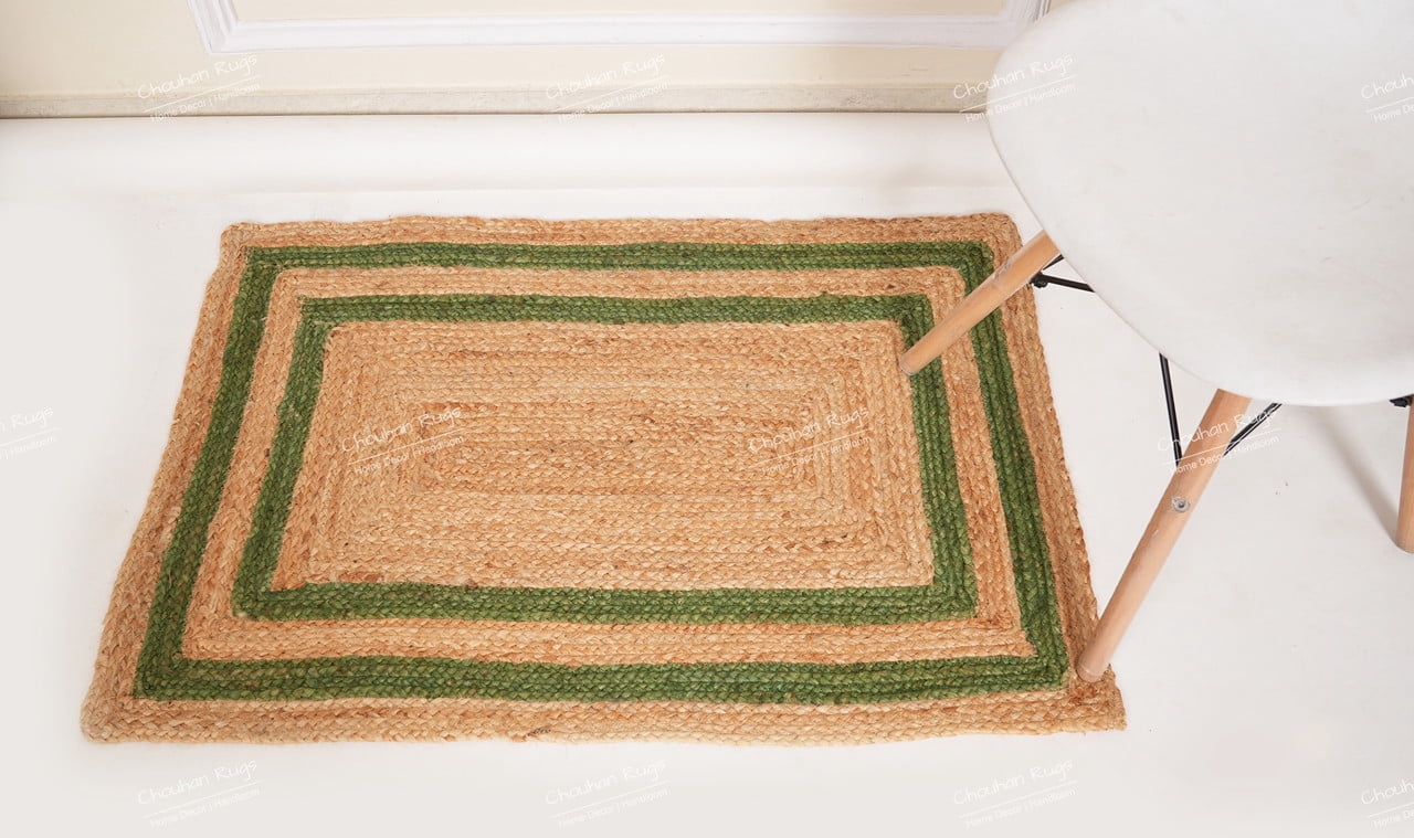 Rectangle Rug Natural Jute Rug Hand Braided Beige and Green Color Rounding Line Area Rug