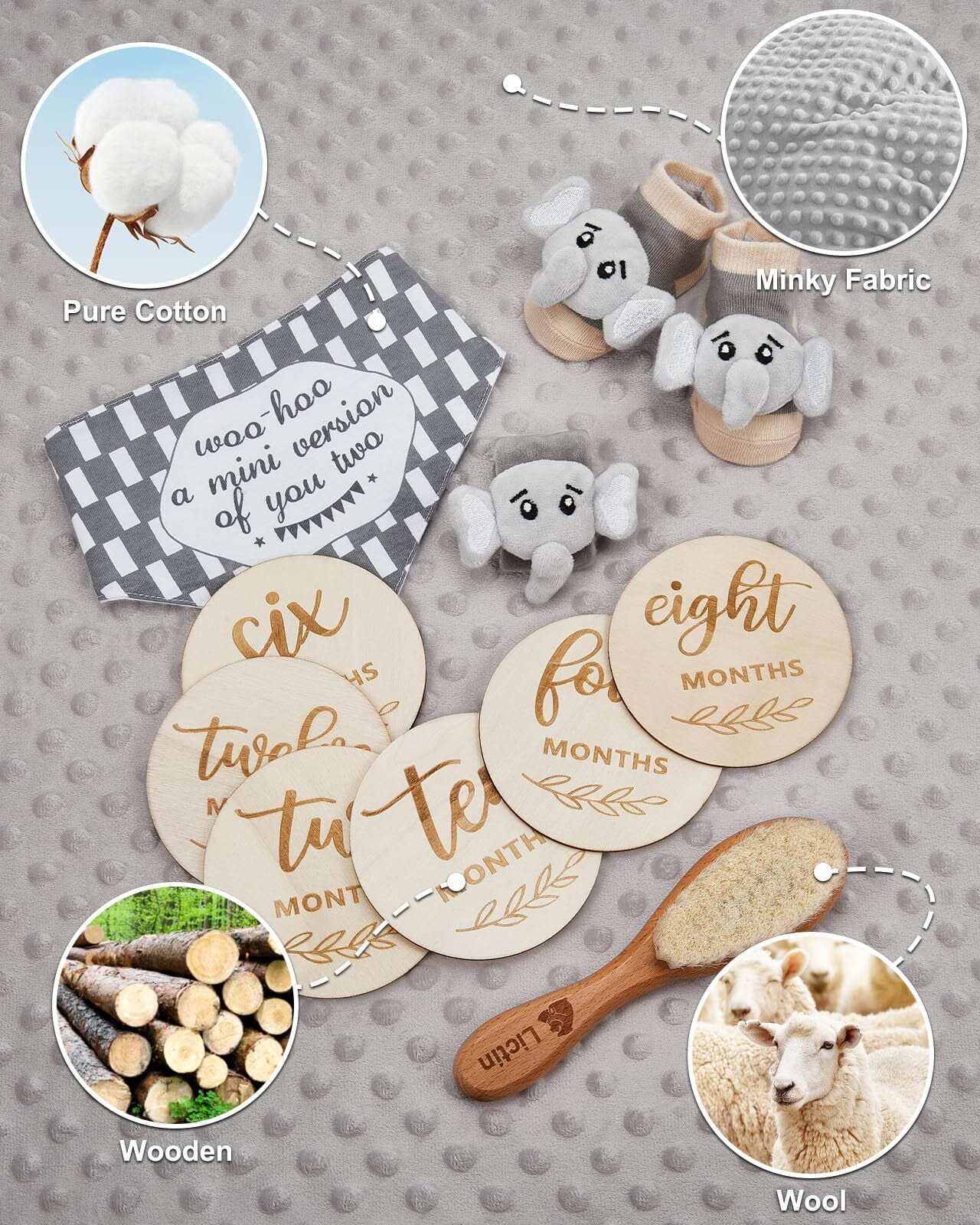 Baby Shower Gift Set for Boys Girls, 14PCS Baby Gifts, Neutral Newborn Gifts Basket with Baby Blanket, Monthly Milestone Cards, Elephant Security Blanket, Rattle Socks and Wrist