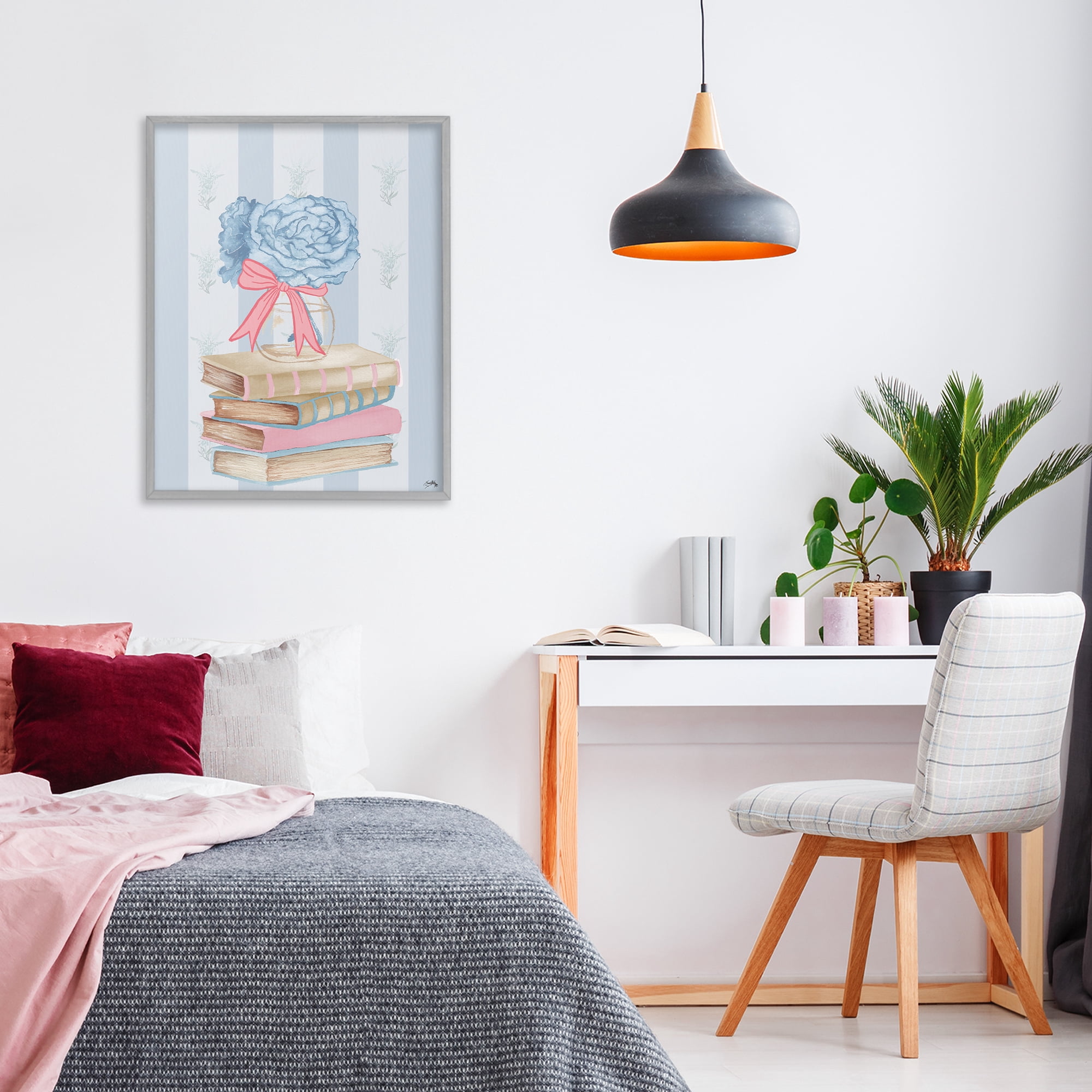 Stupell Industries Stacked Books & Blue Hydrangeas Gray Framed Giclee Art, design by Elizabeth Medley