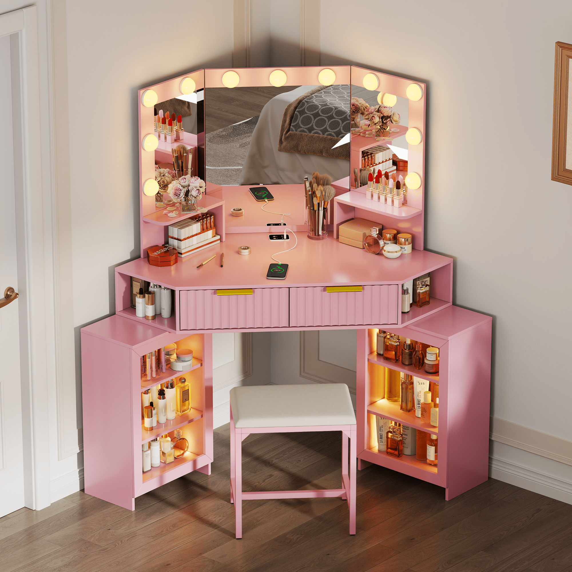 VKCC Retro Corner Vanity Desk Table with Ultra-Wide LED Mirror, Charging Station, Storage Drawers & Shelves, Pink