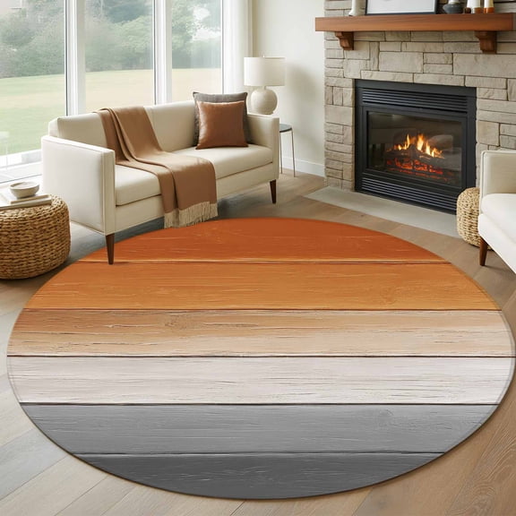Orange Gray Round Area Rug 5 FT, Non Slip Bedroom Area Rug, Farmhouse Retro Gradient Wooden Grain Washable Soft Circular Carpet Non-Shedding Floor Mat for Kitchen Dining Room Foyer Balcony Dorm