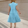 thumbnail image 4 of XUNKUSGA Girls Summer Dresses Tiered Crinkle Flowy Ruffle Sleeve Swing Midi Beach Sundress Casual Solid Color A-Line Swing V Neck Dress Size 4-15 Years, 4 of 8