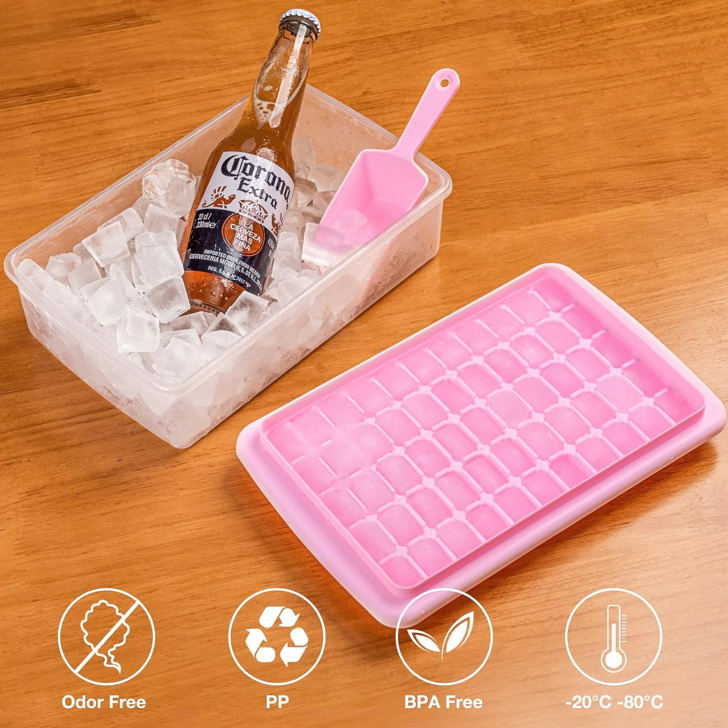 Ice Cube Tray with Lid and Bo - Ice Cube Mold for Refrigerator BPA Free Ice Container with Spoon and Lid Blue Green Powder (Pink+110)