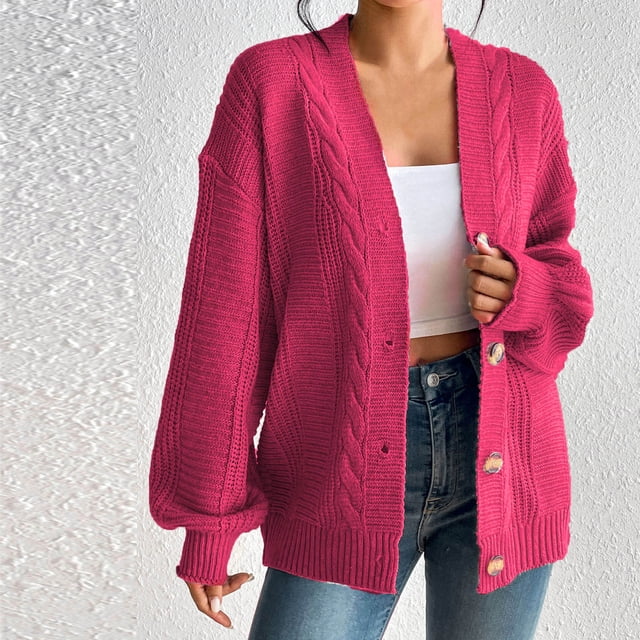WRKEKC Women's Knit Cardigan Solid Color Button Front Long Sleeve Open Front Cozy Sweater for Fall Winter Layering Red L