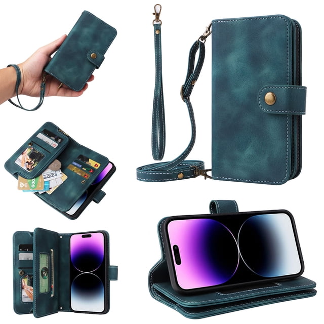 for Google Pixel 6 Wallet Case, PU Leather 6 Card Slots Removable Adjustable Crossbody Necklace Lanyard Shoulder Strap Zipper Bag Anti-Falling Rugged Case for Google Pixel 6,Black