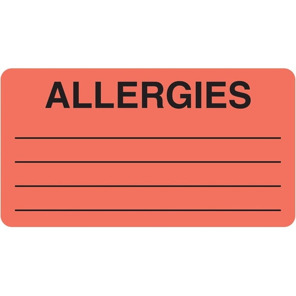 Allergies Chart Label 3-1/4” x 1-3/4” Red Fluorescent  Medical Alert Sticker with 4 Lines for Multi-Allergen Notes Permanent Adhesive 500 Stickers/Box