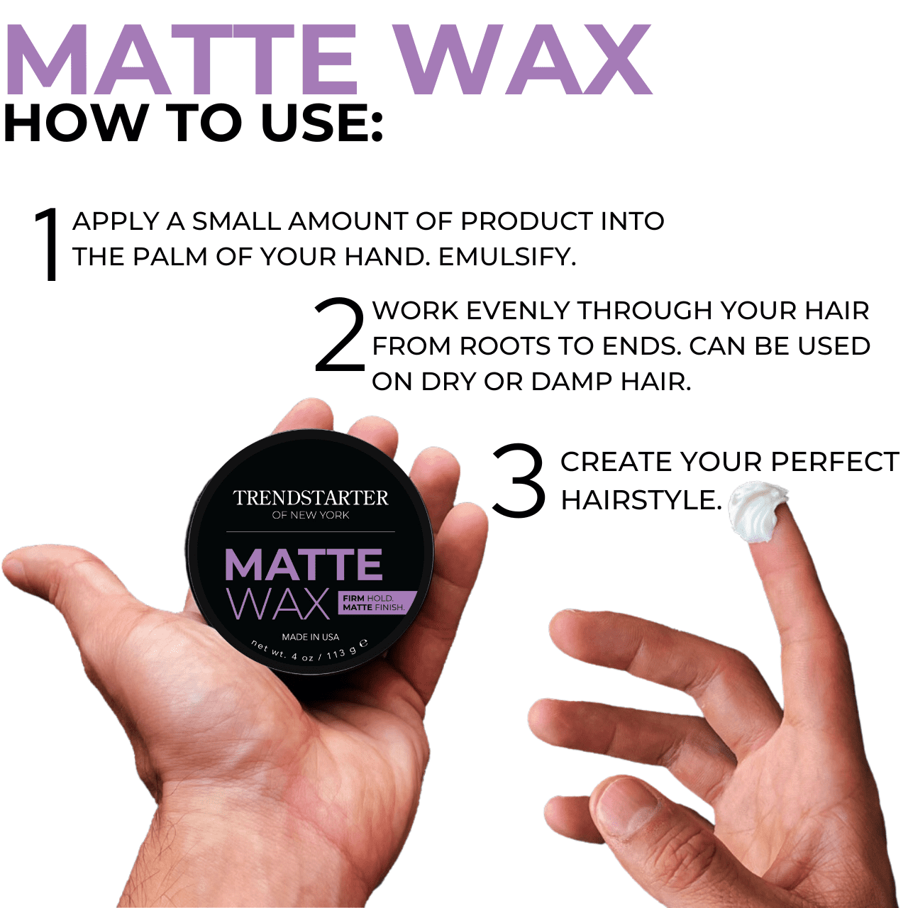 TRENDSTARTER - MATTE WAX, 4oz - Firm Hold - Matte Finish - Water-Based - Signature Fragrance - All-Day Hold - Premium Hair Styling Product - Flake-Free - Easy to Wash Out