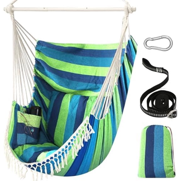 Hammock Chair Hanging Swing Max 500 Lbs 2 Cushions Included Metal Spreader Bar with Anti-Slip Grooves Portable Hanging Chair Side Pocket Large Macrame Bohemian Chair Indoor Outdoor